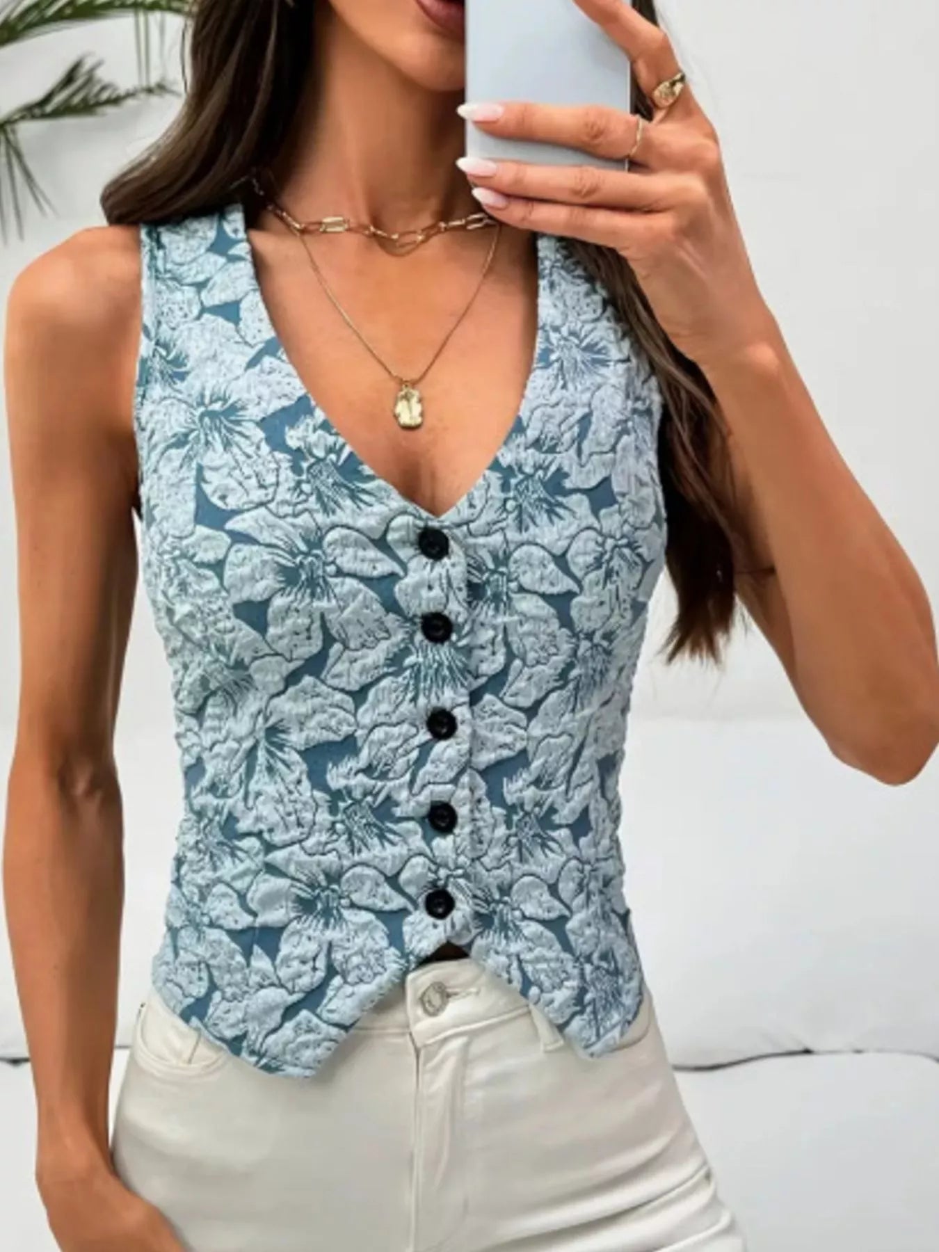 Floral Jacquard Button-Front Vest Coat Trendsi