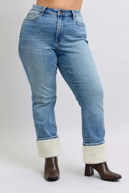 Judy Blue Full Size High Waist Shearling Cuff Straight Plus Size OutfitFlow