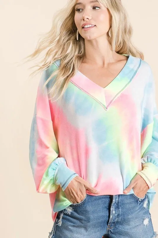 BiBi Tie Dye French Terry V-Neck Top with Puff Sleeves OutfitFlow