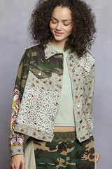 POL Floral Printed French Terry Jacket with Crochet Contrast OutfitFlow