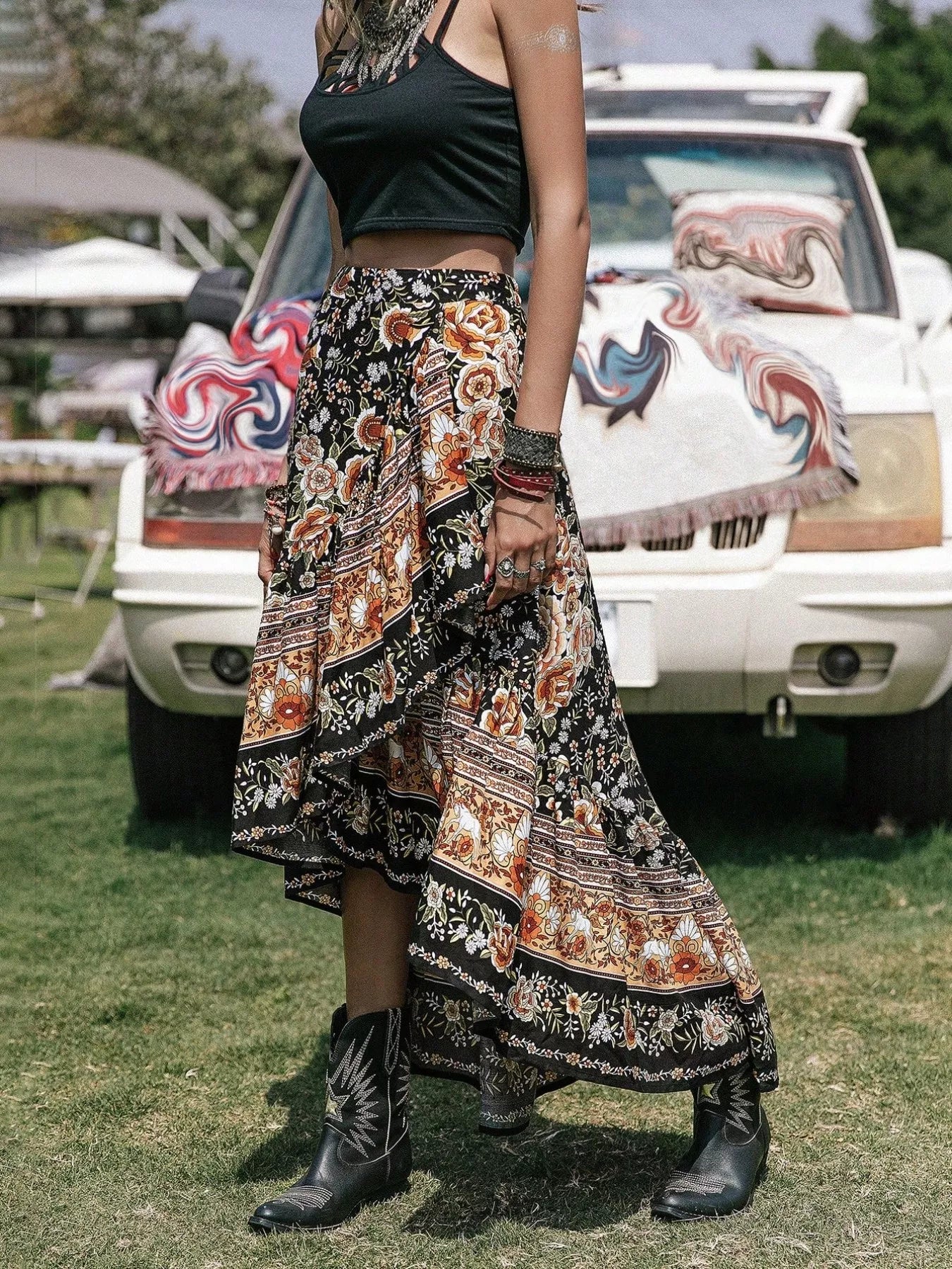 Plus Size Boho Floral Print High-Low Skirt OutfitFlow