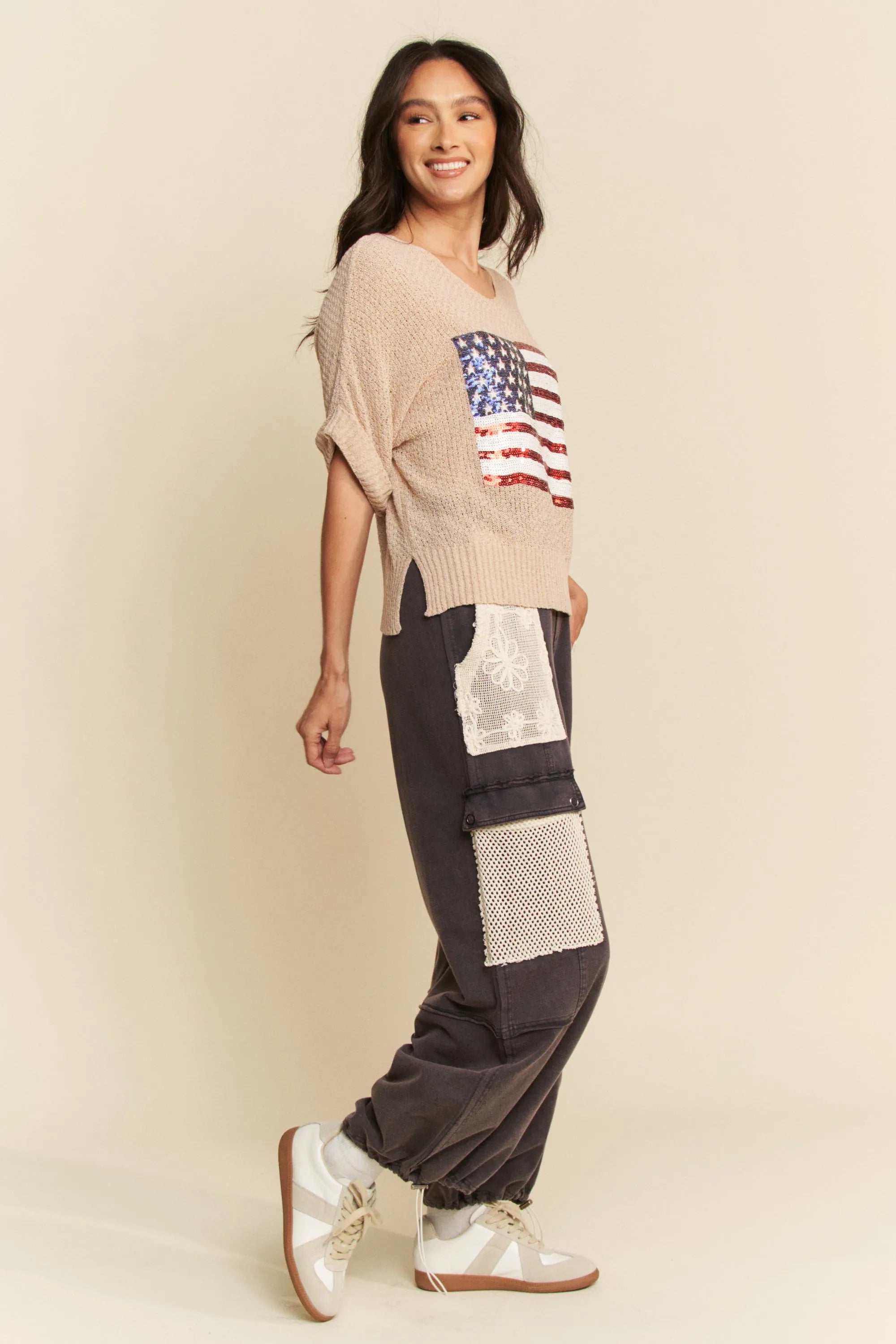 Davi & Dani Sequin American Flag Patch Short Sleeve Knit Top OutfitFlow