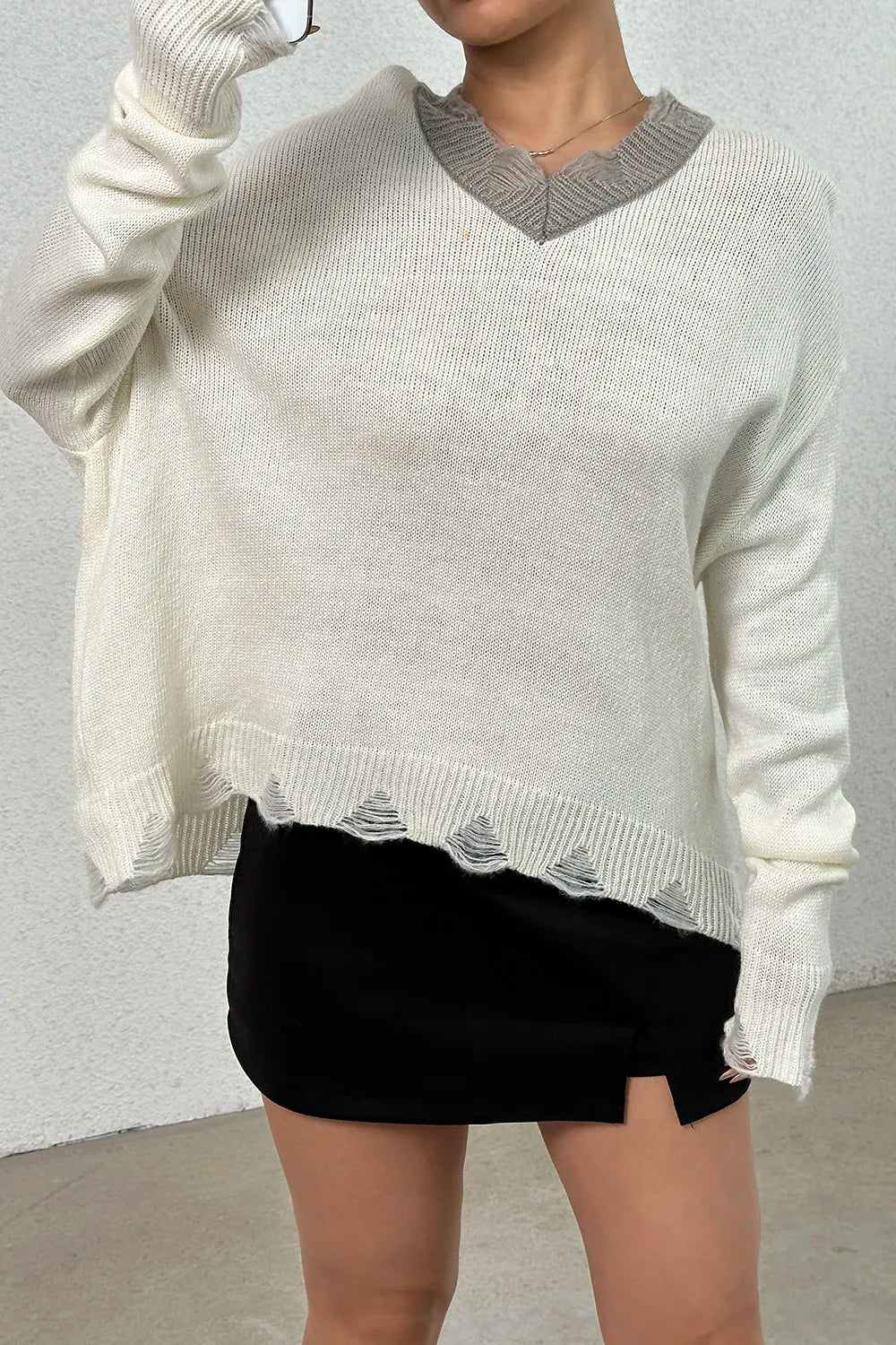 Distressed V-Neck Dropped Shoulder Sweater OutfitFlow