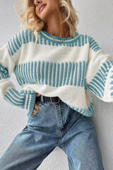 Two Tone Striped Patchwork Drop Shoulder Loose Sweater OutfitFlow