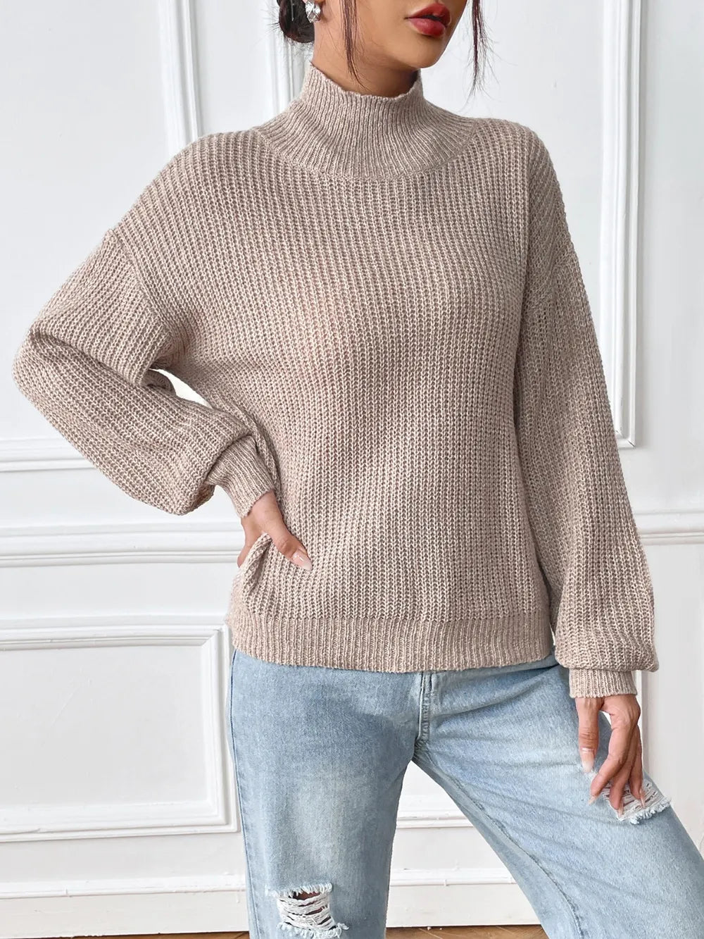 Turtleneck Long Sleeve Sweater Mocha Trendsi