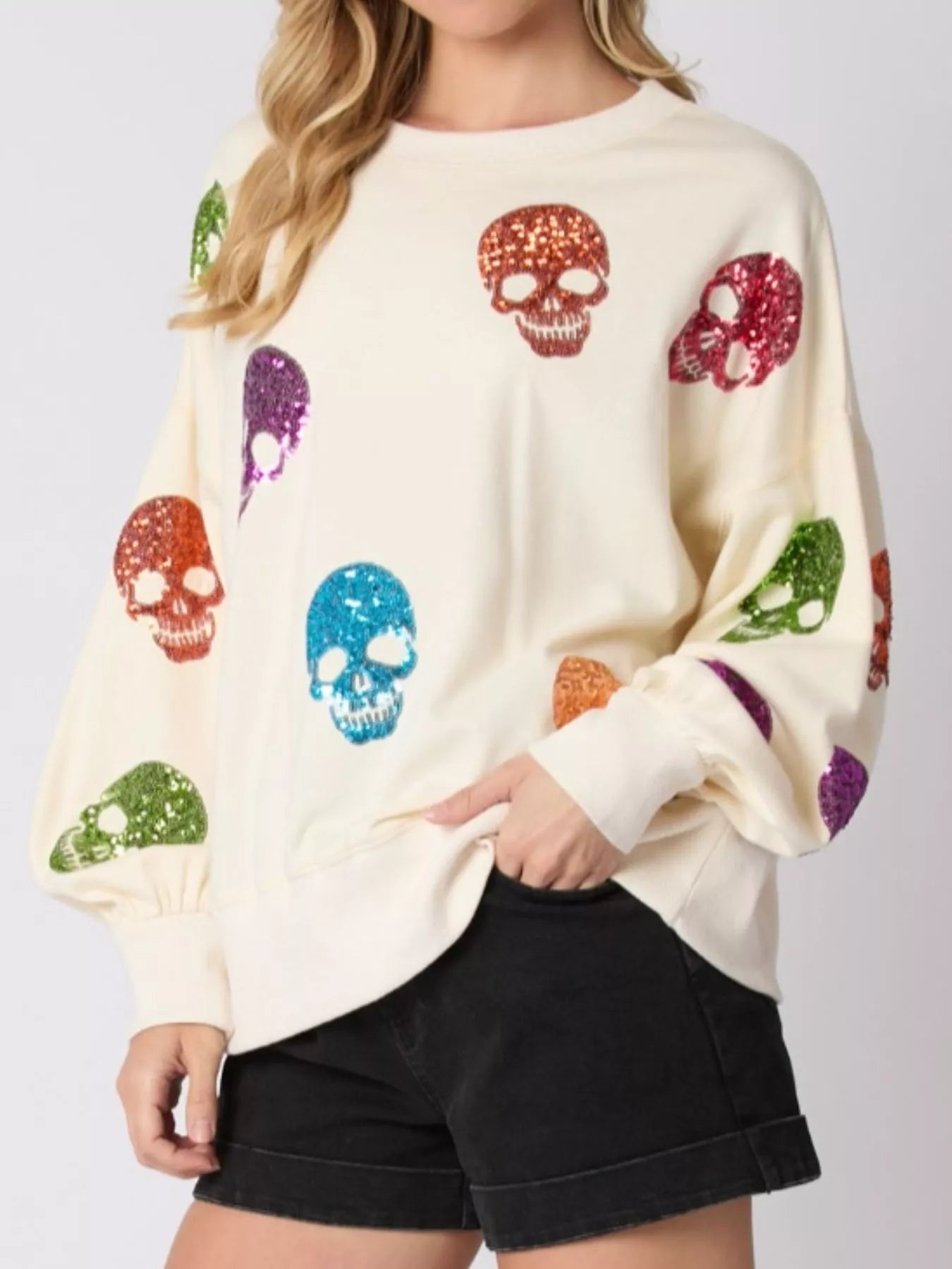 Halloween Colorful Skull Sequin Oversized Sweatshirt OutfitFlow