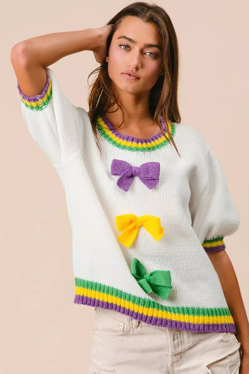 BiBi Short Puff Sleeve Ribbon Bow Mardi Gras Sweater OutfitFlow