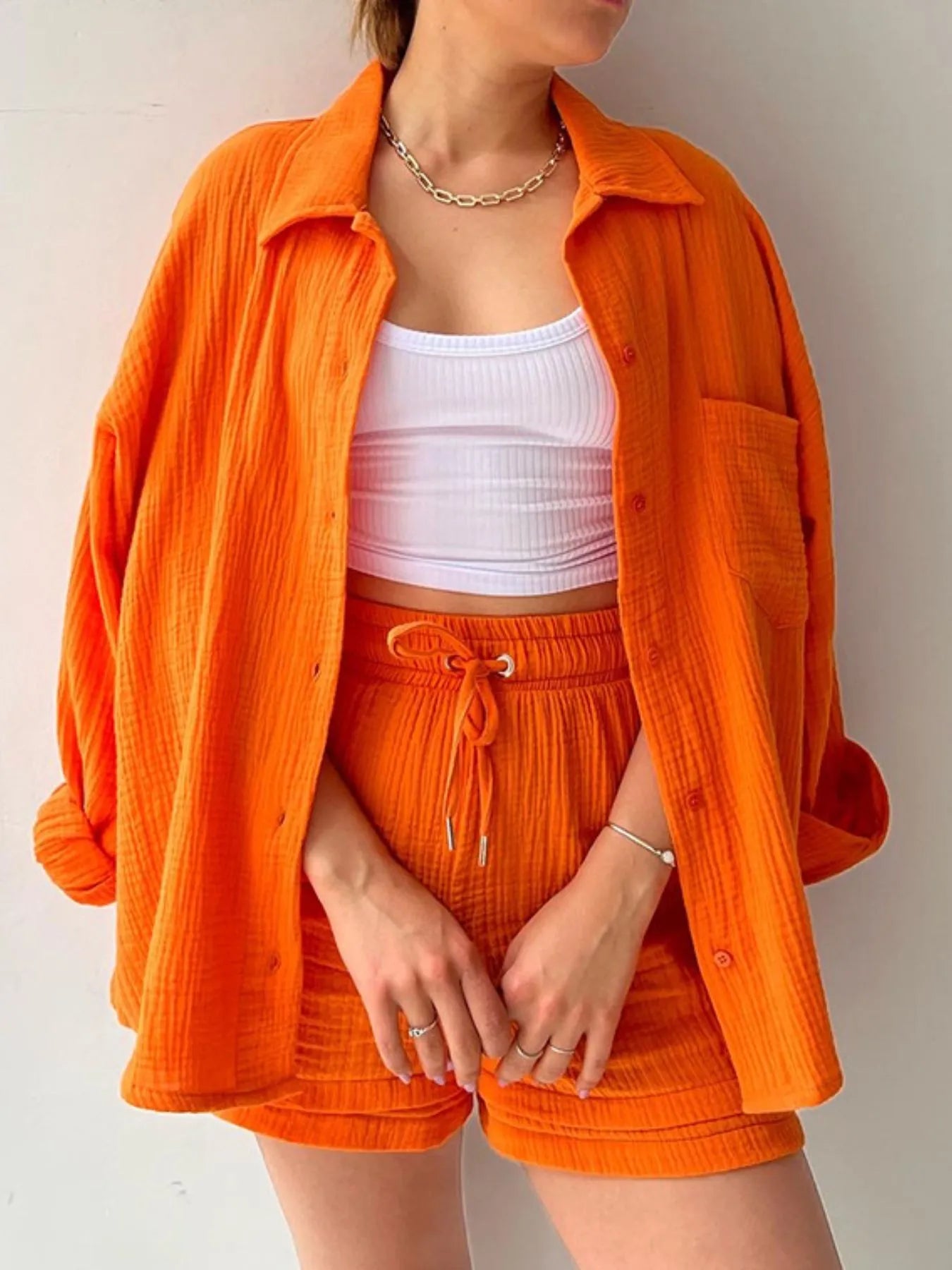 Textured Button Up Shirt and Shorts Set OutfitFlow