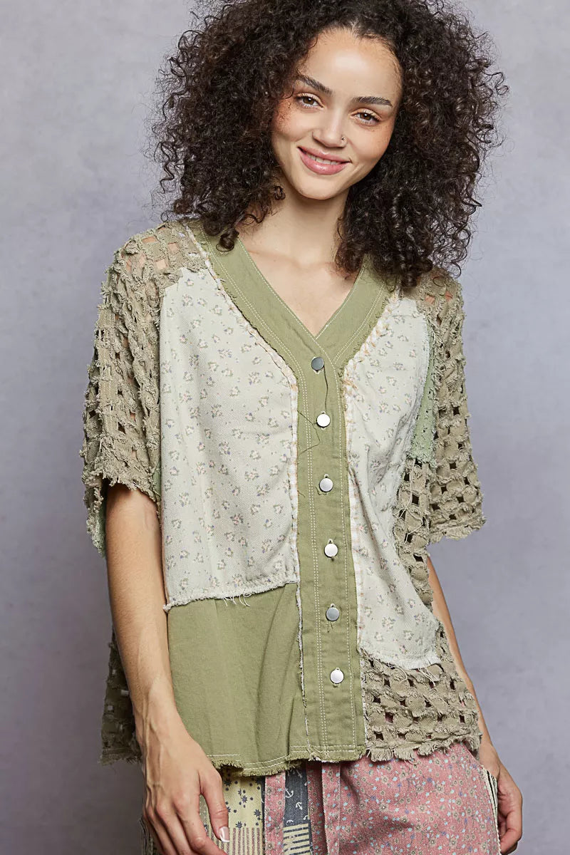 POL Button Down V-Neck Jacket with Printed Woven Patchwork OutfitFlow