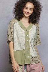 POL Button Down V-Neck Jacket with Printed Woven Patchwork OutfitFlow