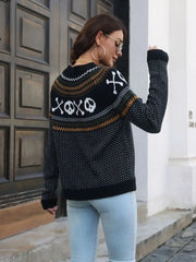 Skull Pattern Round Neck Sweater OutfitFlow
