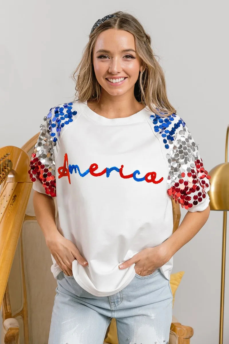 BiBi America Letter Applique Spangle Puff Sleeves Top OutfitFlow