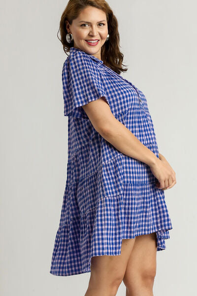 Umgee Full Size Gingham Tiered Button Detail Short Sleeve Dress Plus Size OutfitFlow