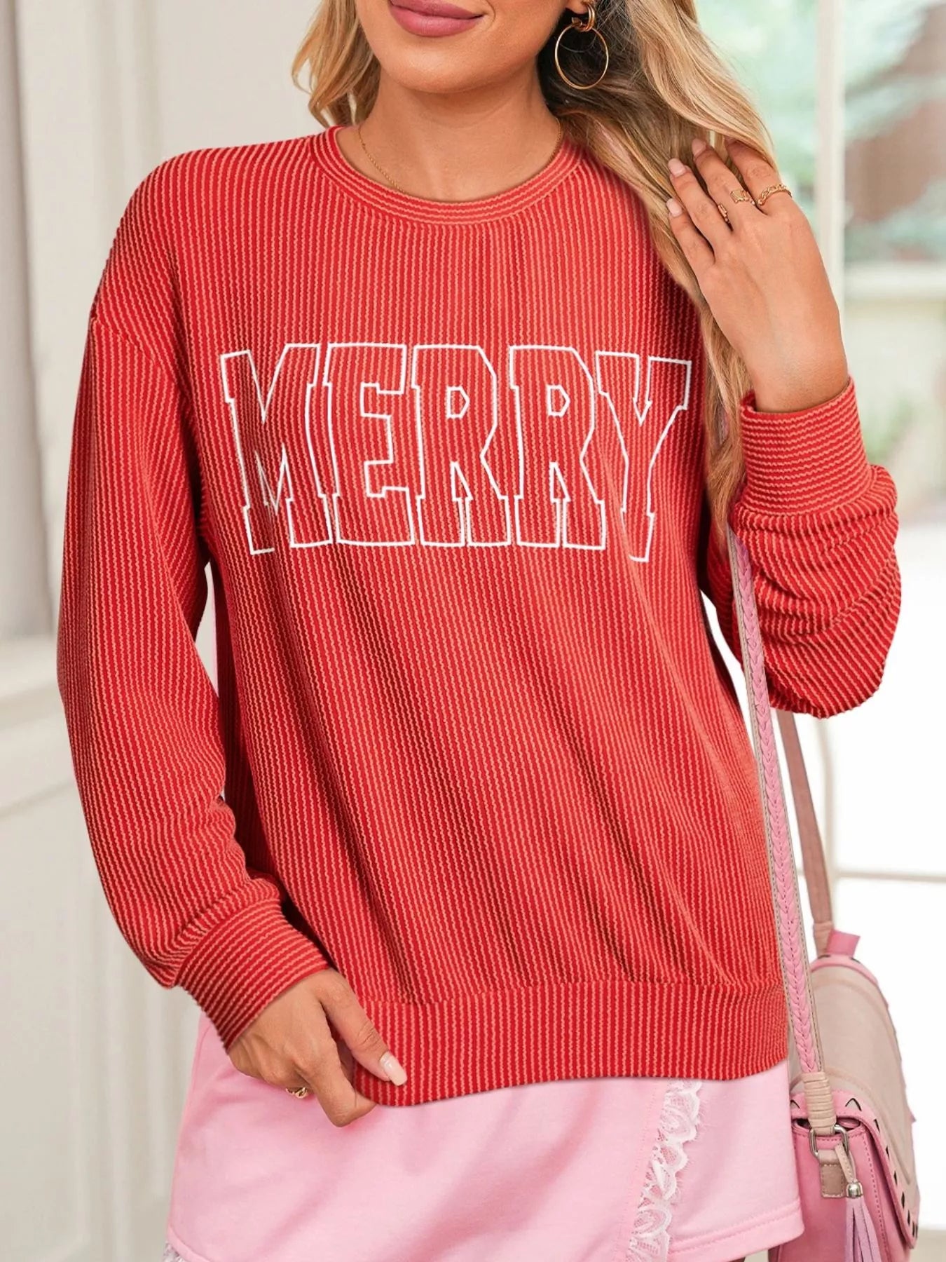 Merry Twisted Rib Christmas Loose Long Sleeve Top Red OutfitFlow