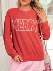 Merry Twisted Rib Christmas Loose Long Sleeve Top Red OutfitFlow