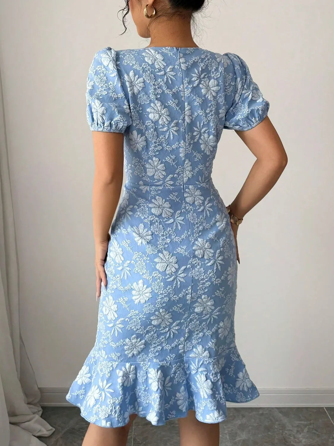 Ruffled Hem Flower Round Neck Short Sleeve Dress OutfitFlow