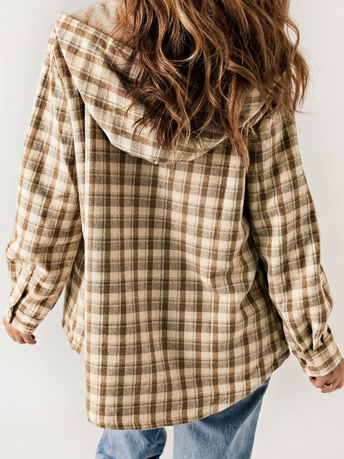 Plaid Snap Down Plush Hooded Jacket