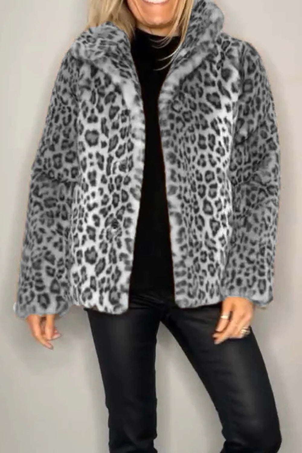 Outfit Flow - Full Size Leopard Furry Collared Neck Long Sleeve Coat