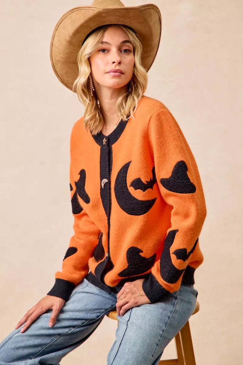 BiBi Halloween Witch Hat Moon Bat Artwork Cardigan Trendsi