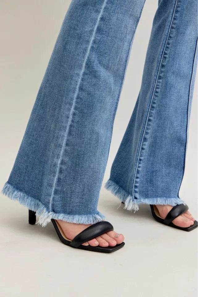 Judy Blue High Waist Flare Fray Hem Jeans with Front Pintuck Detail OutfitFlow