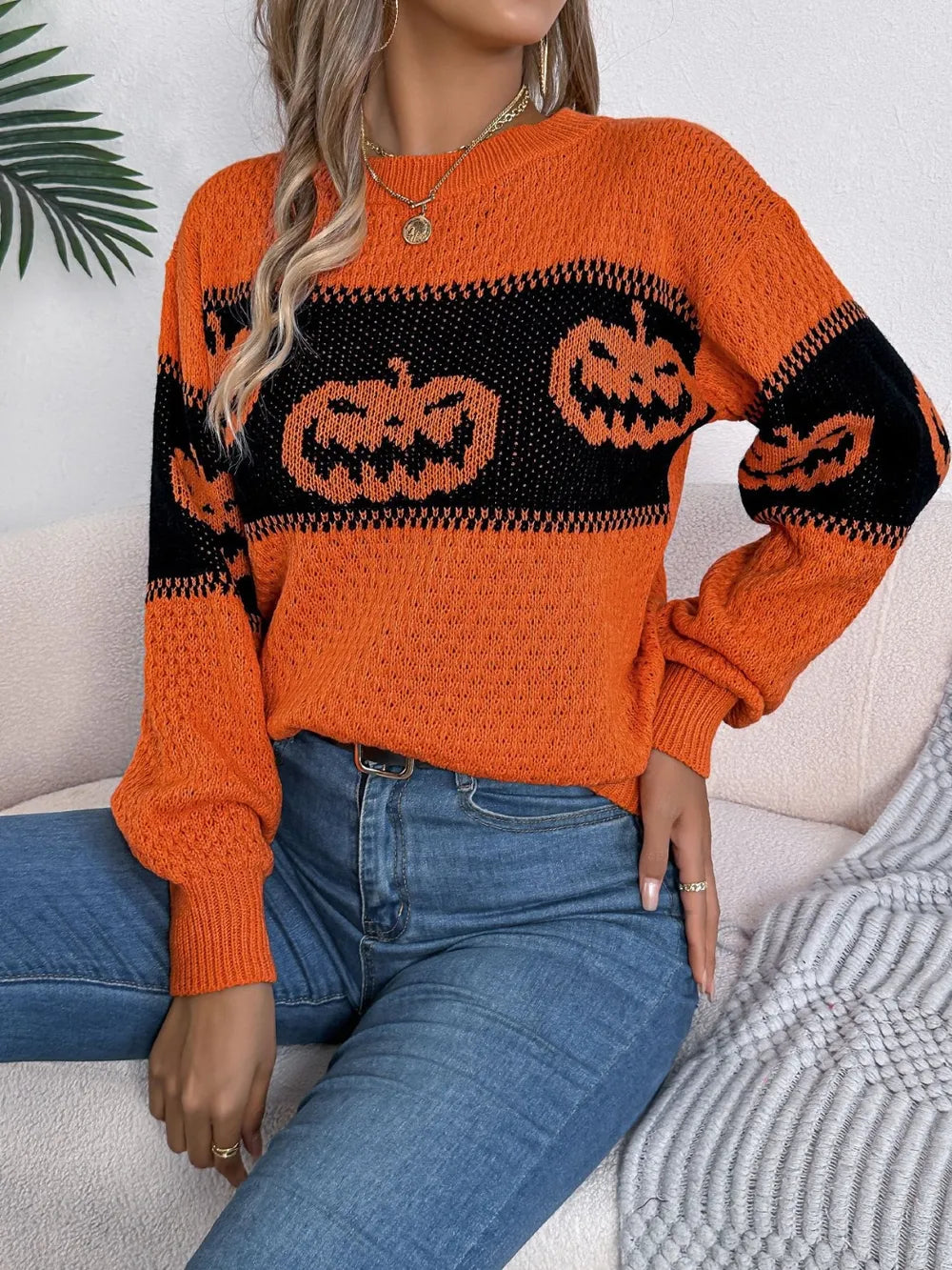Pumpkin Round Neck Long Sleeve Sweater OutfitFlow