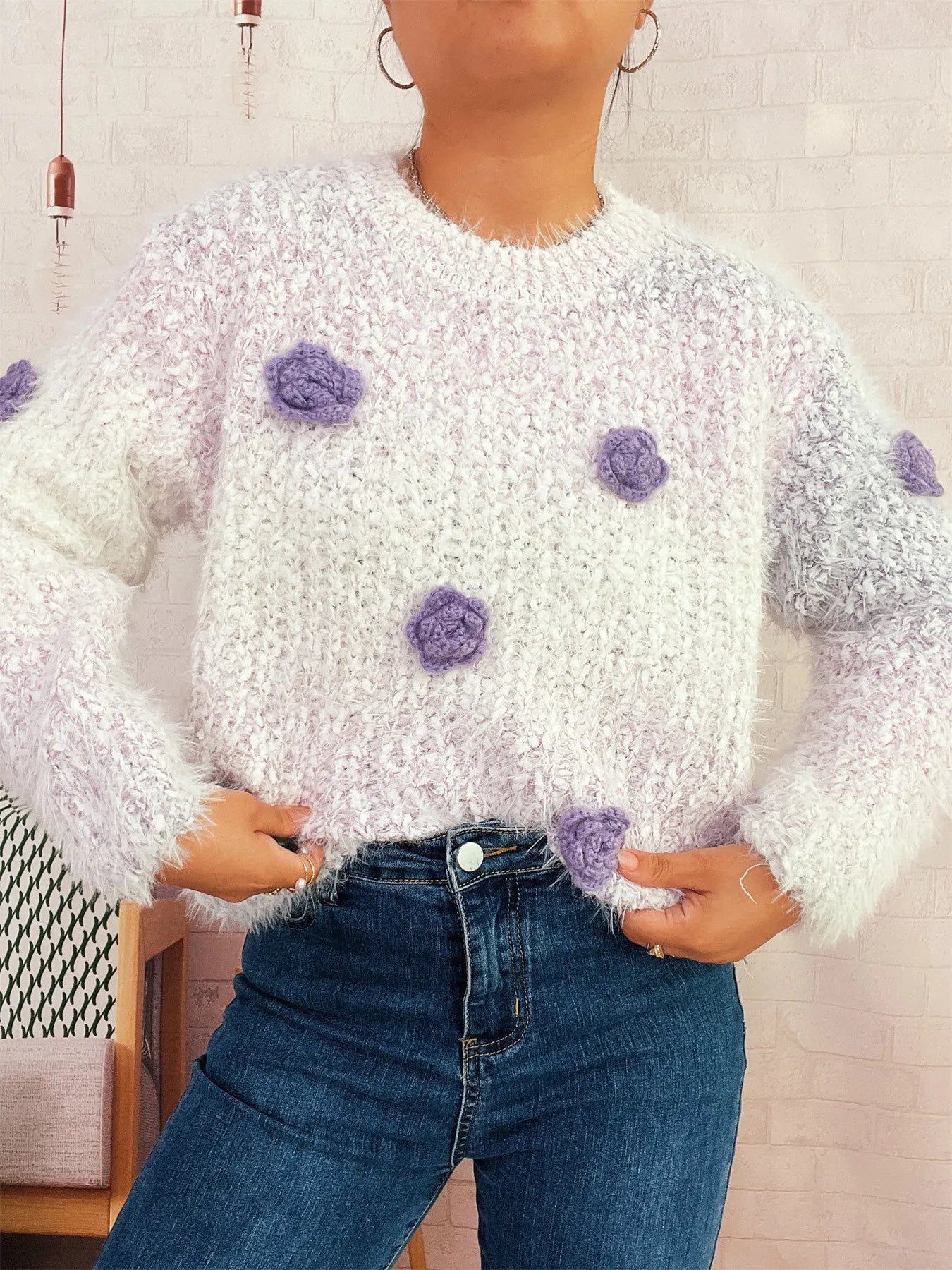 Flower Embellished Round Neck Sweater OutfitFlow