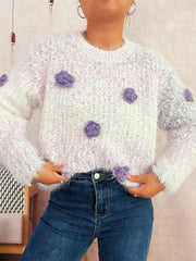 Flower Embellished Round Neck Sweater OutfitFlow