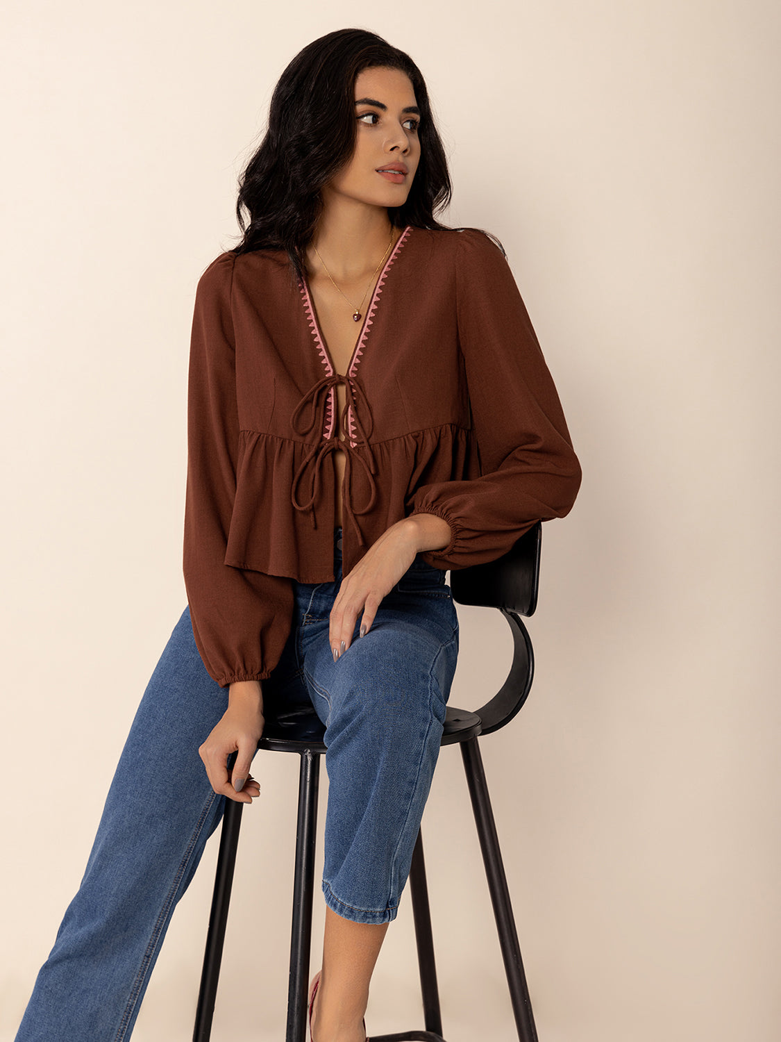 Peplum Tied V-Neck Long Sleeve Blouse OutfitFlow