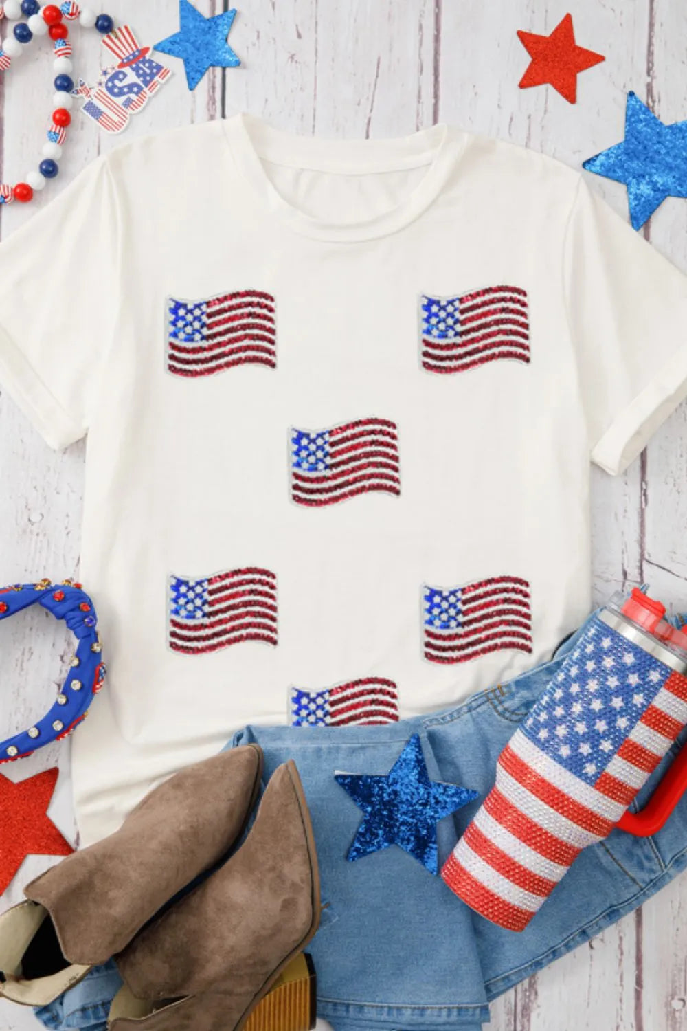 Sequin American Flag Patched Casual T Shirt OutfitFlow