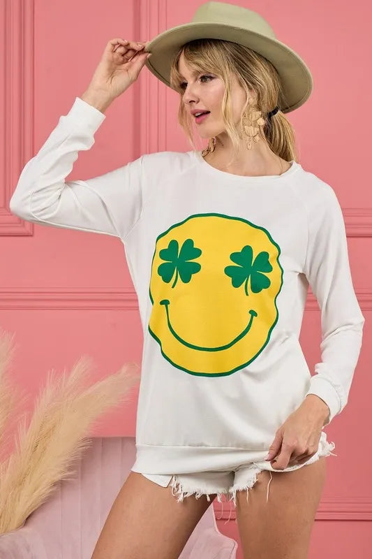 BiBi Smile Face Graphic Round Neck Long Sleeve Top OutfitFlow