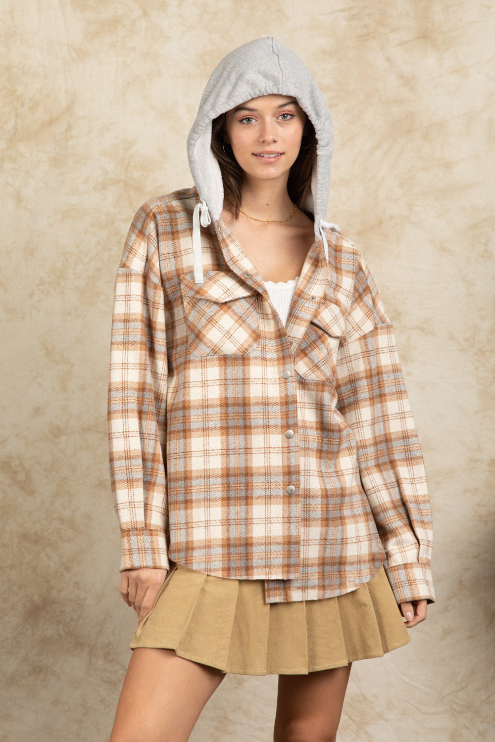 Outfit Flow - Drawstring Plaid Long Sleeve Hooded Jacket