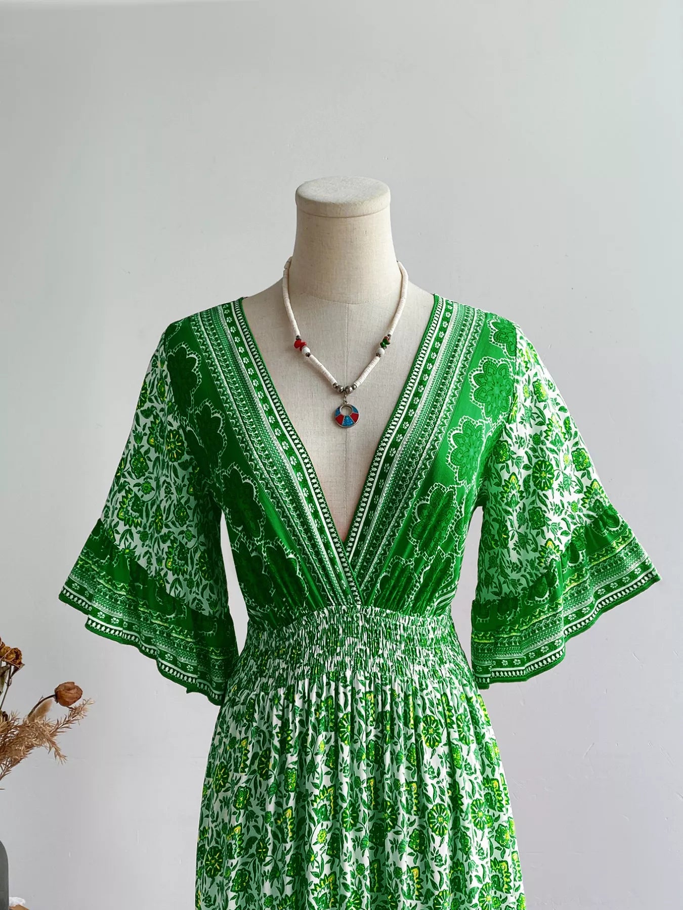 Floral Deep V-Neck Flutter Sleeves Dress OutfitFlow