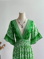 Floral Deep V-Neck Flutter Sleeves Dress OutfitFlow