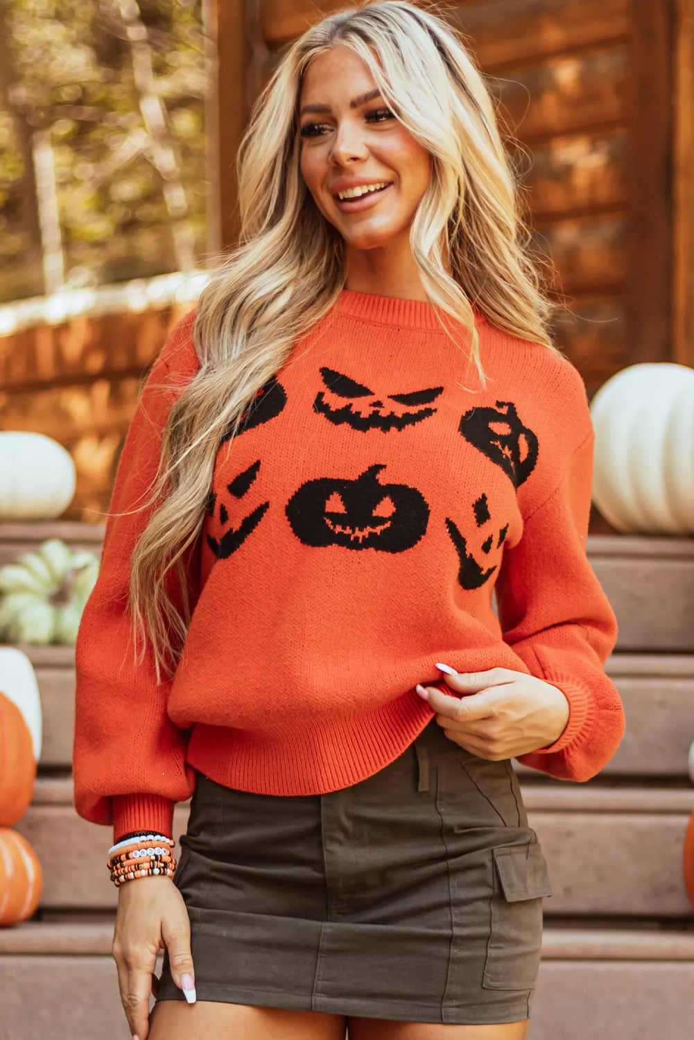 Pumpkin Pattern Round Neck Sweater OutfitFlow