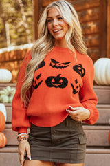 Pumpkin Pattern Round Neck Sweater OutfitFlow