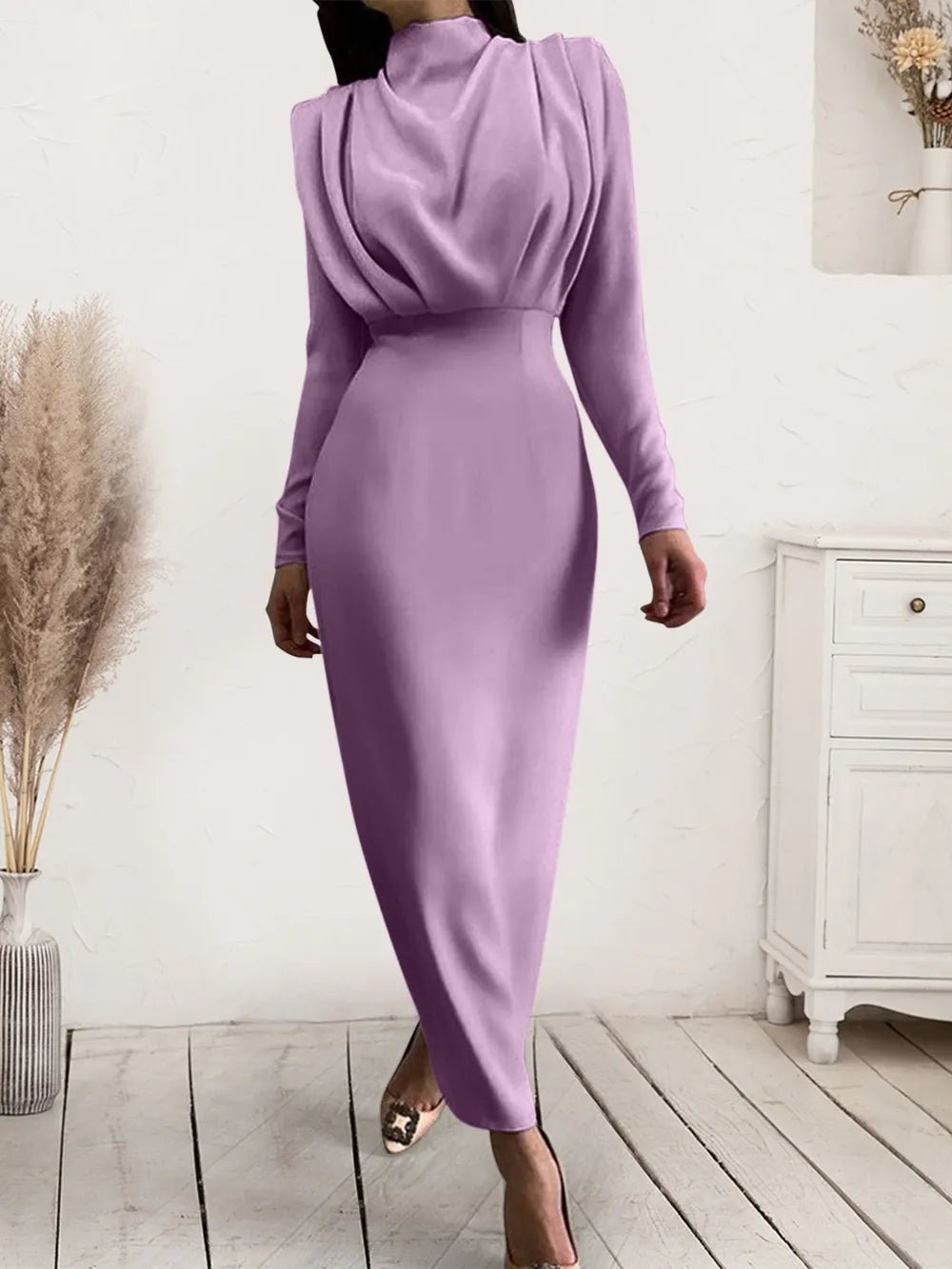 Ruched Turtleneck Long Sleeve Dress Lilac OutfitFlow