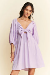 Davi & Dani Self-Tie Puff Sleeve Smocking Open Back Mini Dress LAVENDER OutfitFlow