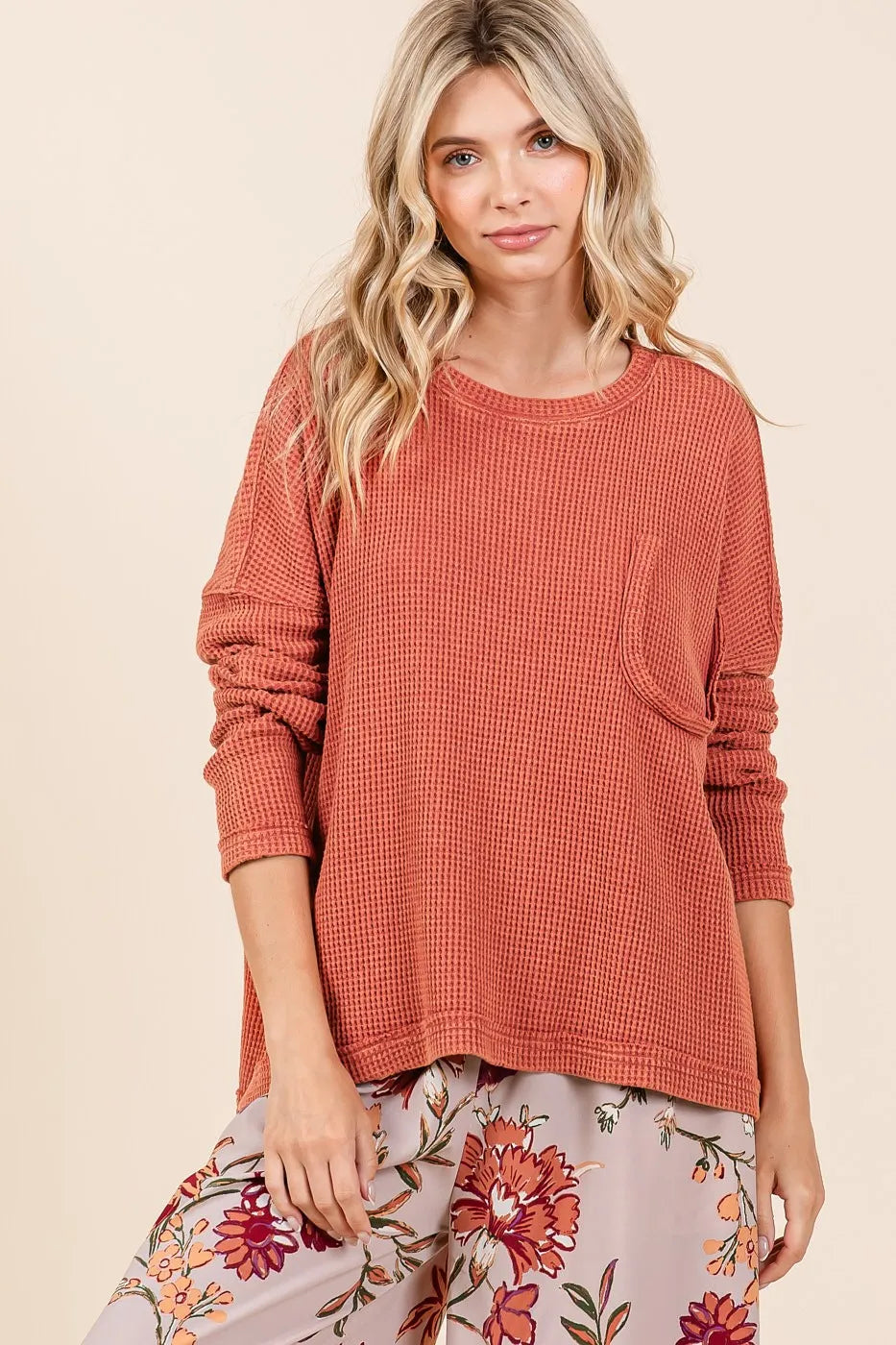 Mittoshop Mineral Wash Cutout Pocket Long Sleeve Waffle Top OutfitFlow
