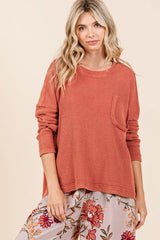 Mittoshop Mineral Wash Cutout Pocket Long Sleeve Waffle Top OutfitFlow