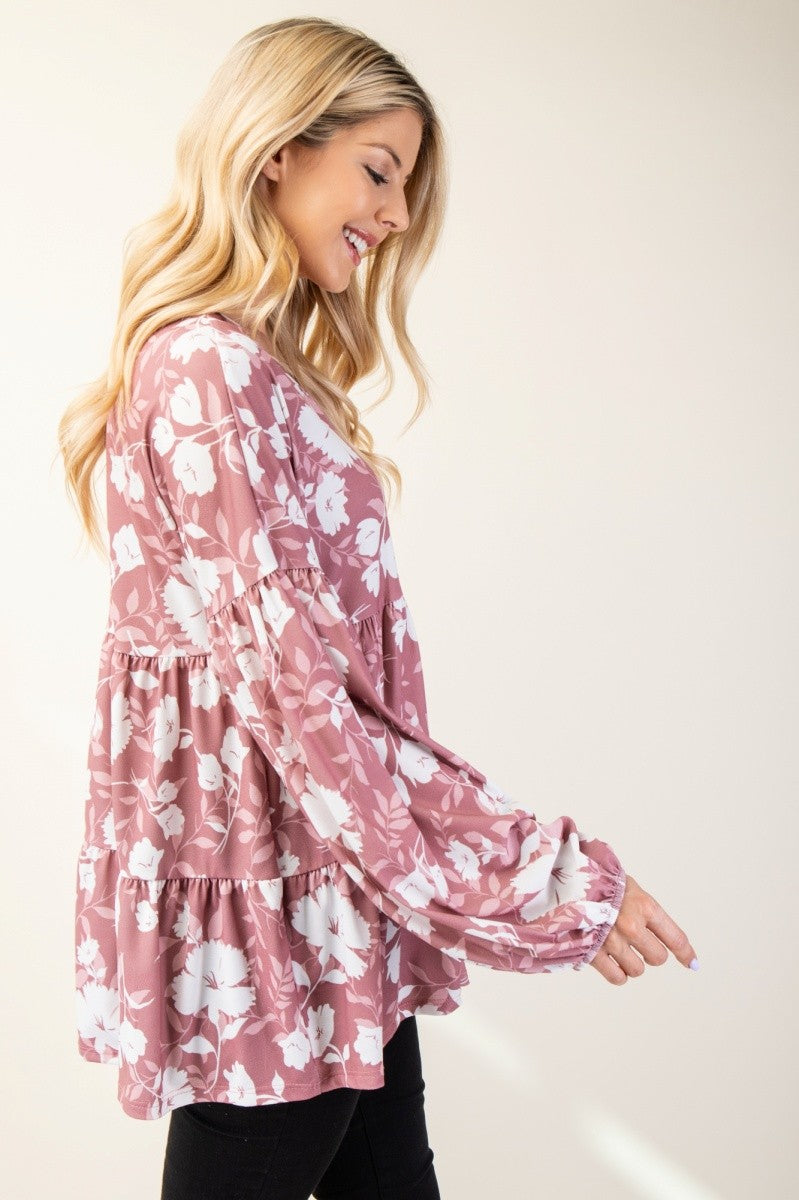 Outfit Flow - Celeste Full Size Tiered Floral V-Neck Long Sleeve Blouse