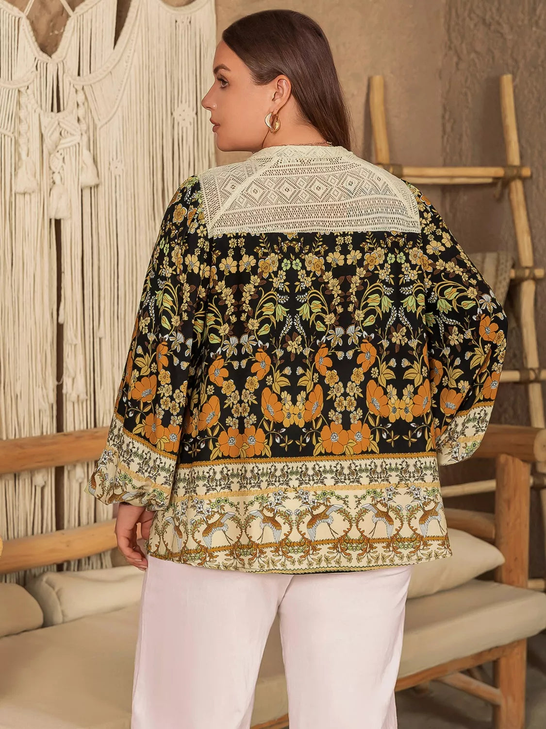 Plus Size Floral Print Notched Blouse Trendsi