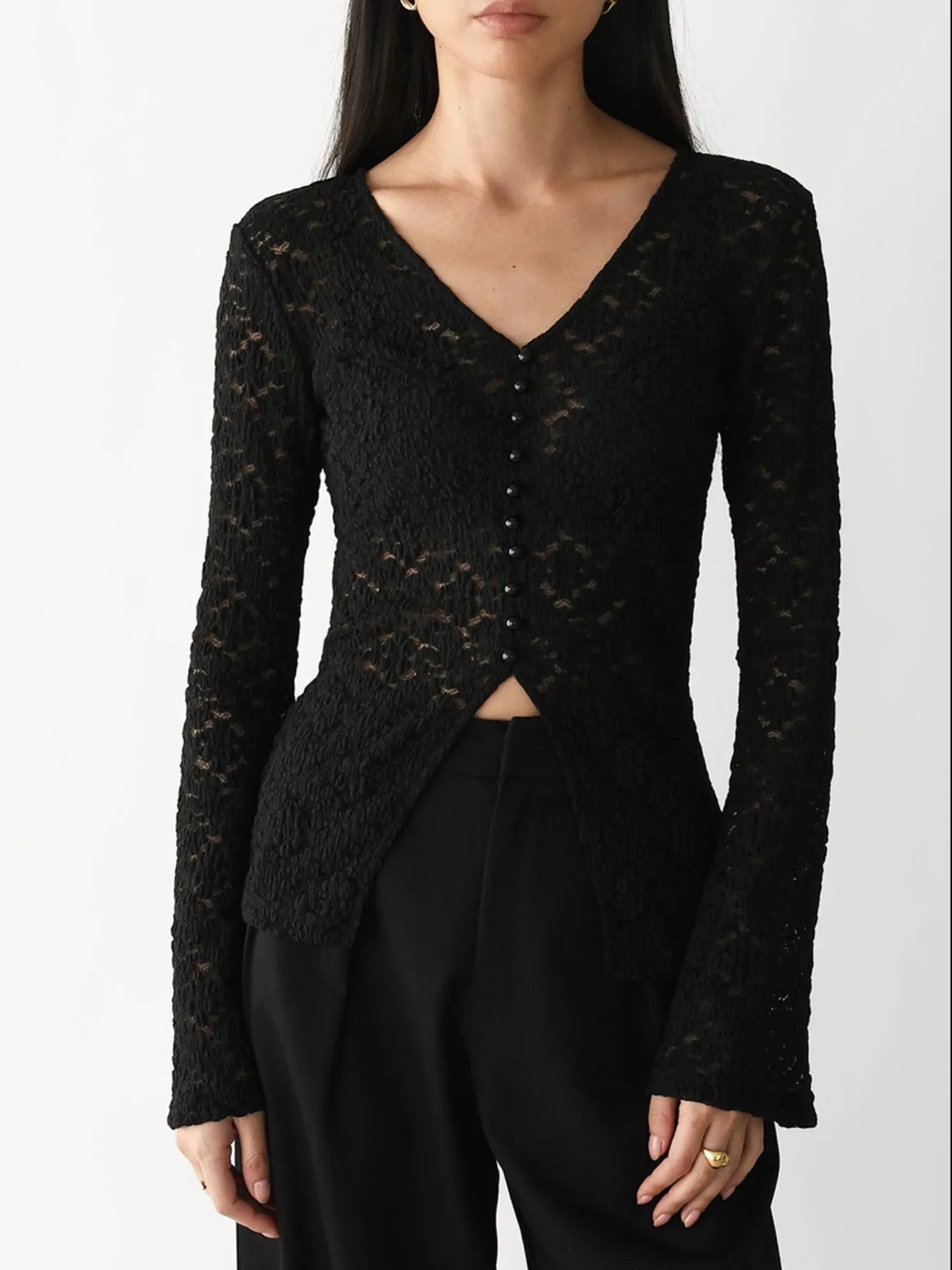Lace V-Neck Flare Sleeve T-Shirt OutfitFlow
