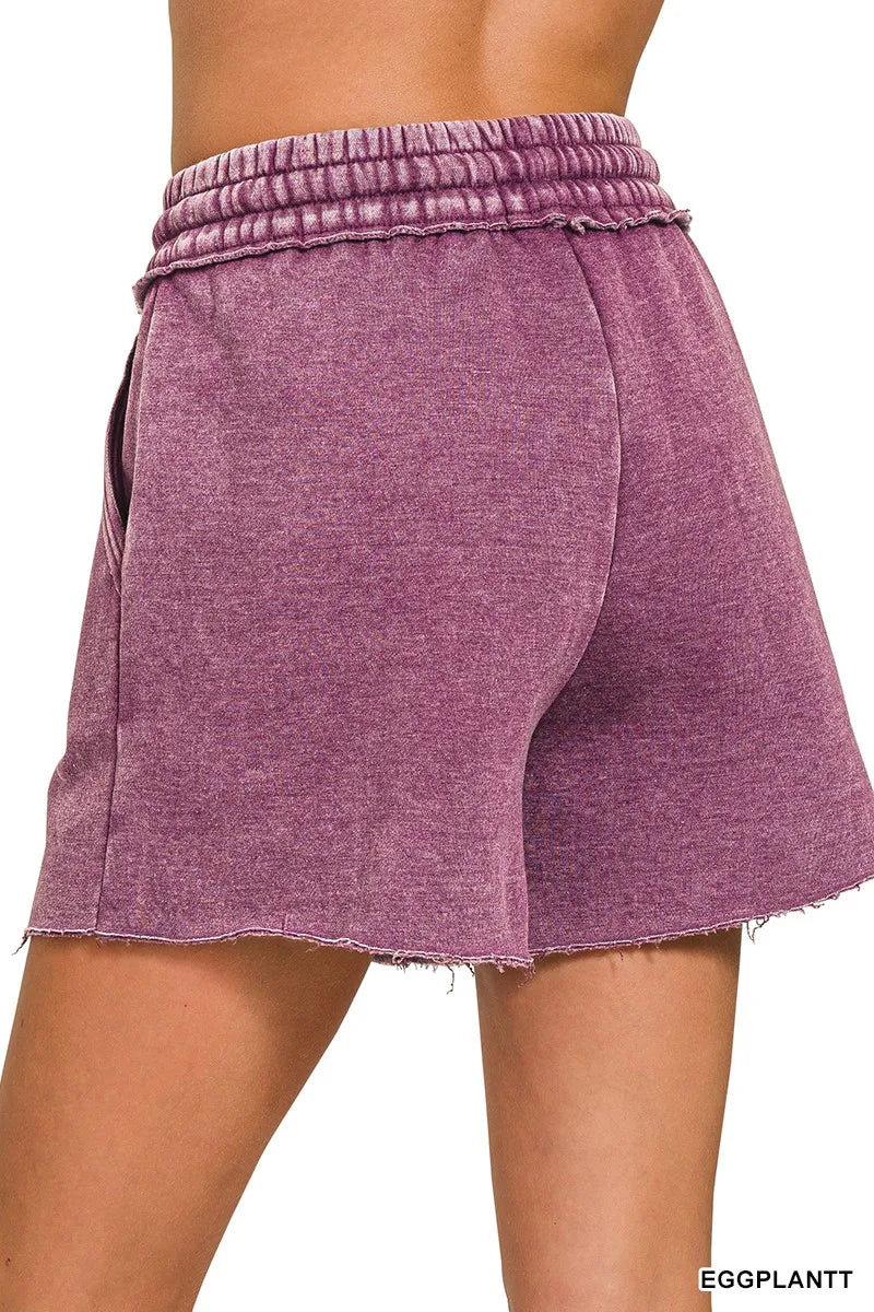 Zenana Acid Wash Fleece Drawstring Shorts With Pockets OutfitFlow