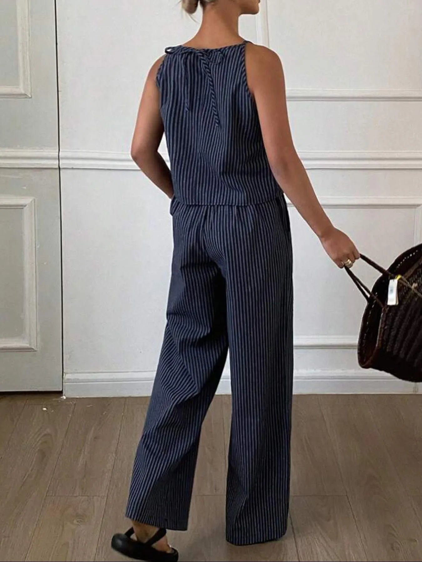 Striped Round Neck Tank and Wide Leg Pants Set OutfitFlow