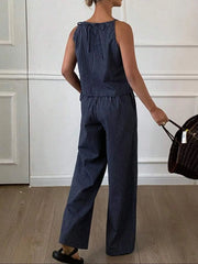 Striped Round Neck Tank and Wide Leg Pants Set OutfitFlow