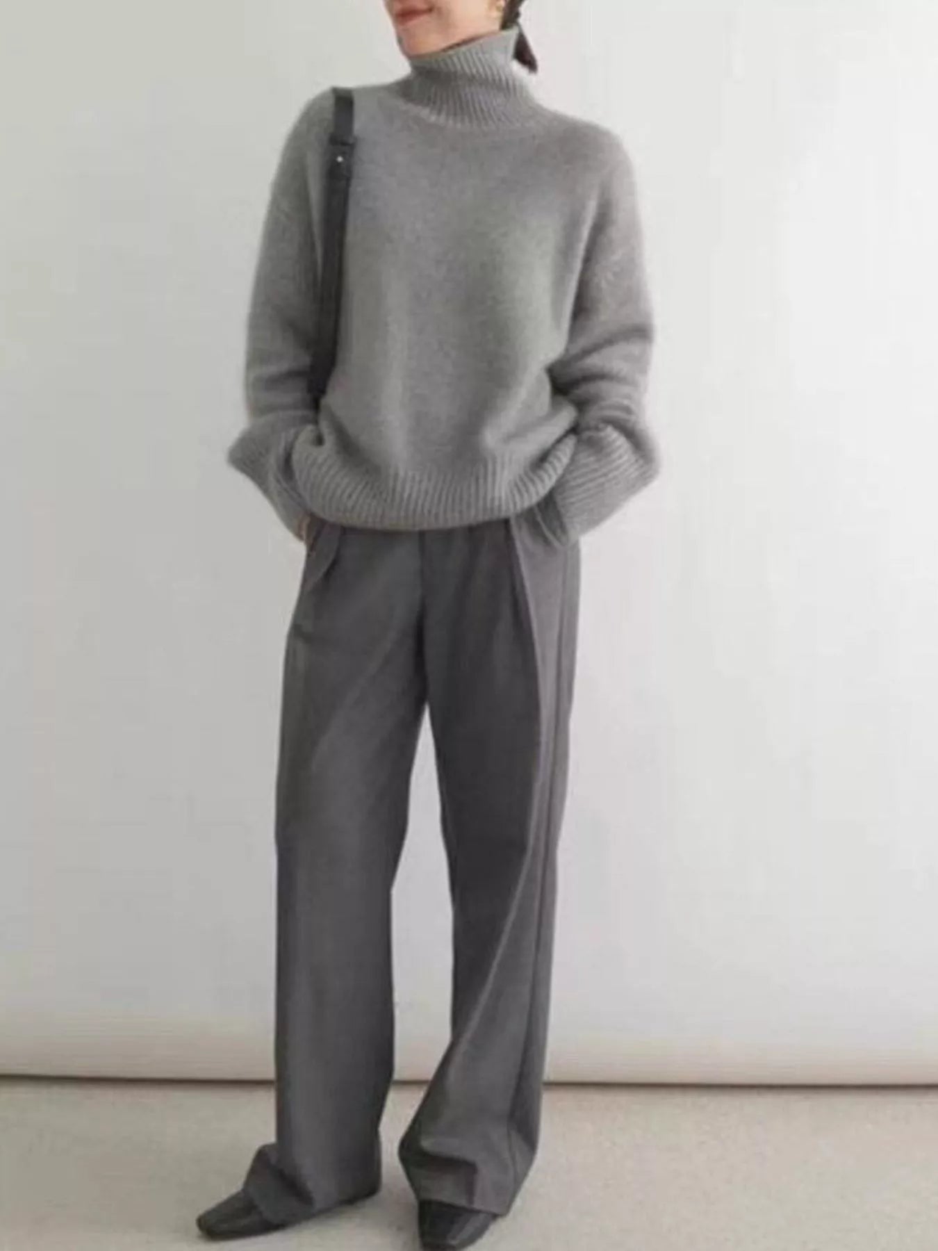 Turtleneck Dropped Shoulder Sweater OutfitFlow