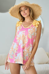 BiBi Printed V Neck Ruffled Tank OutfitFlow