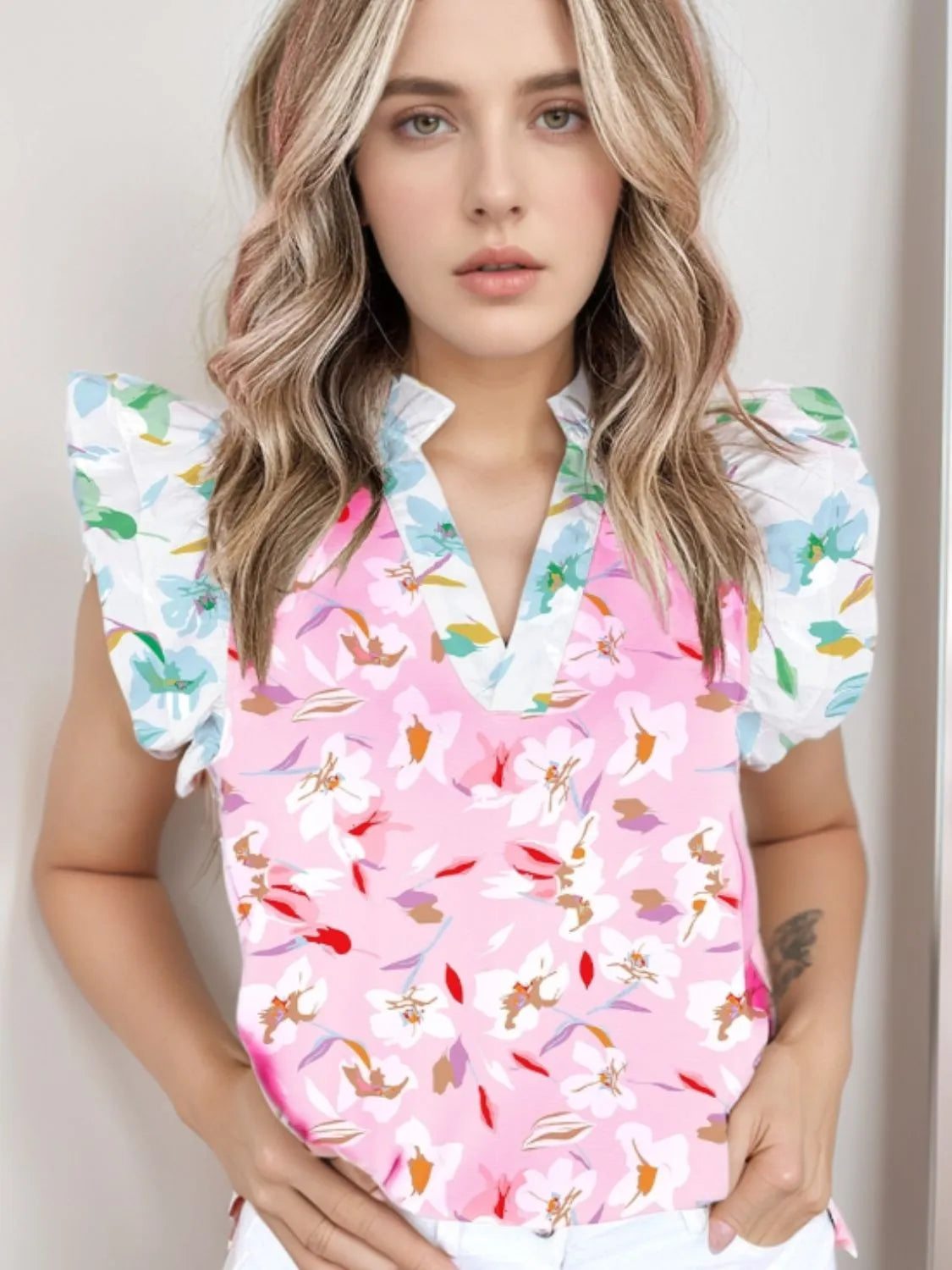 Printed Notched Cap Sleeve Blouse OutfitFlow