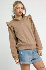 Umgee Cable Knit Textured Pullover with Ruffle Shoulders OutfitFlow