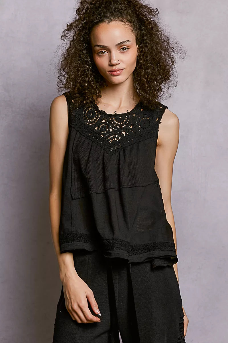 POL Round Neck Sleeveless Top with Crochet Contrast BLACK OutfitFlow